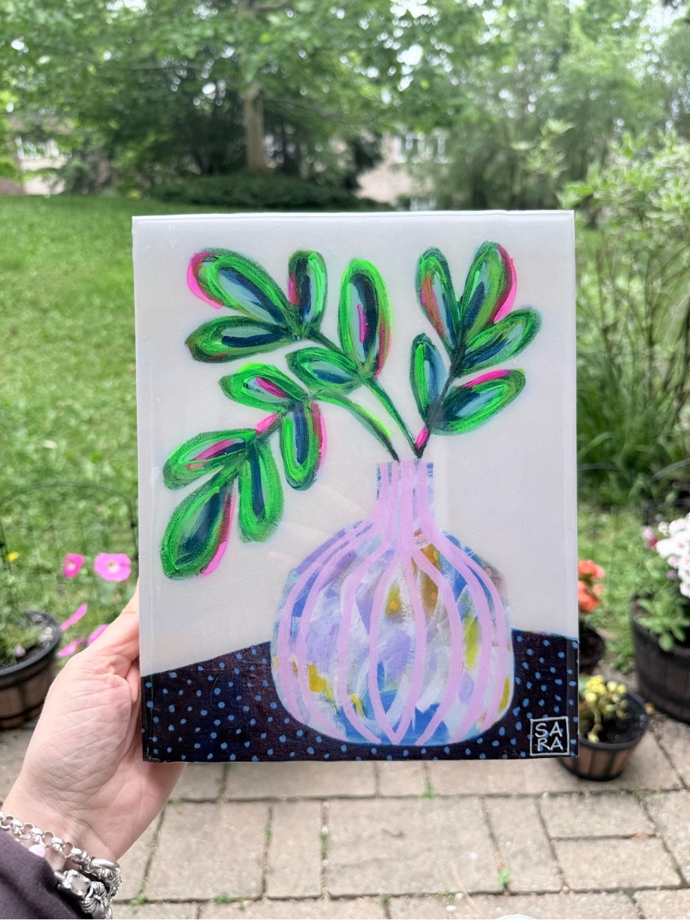 Sara Studio Green & Pink Botanical Vase Canvas Art